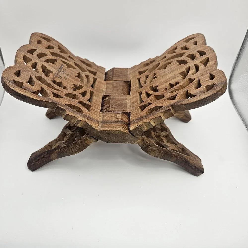 Vintage Shesham Wood Folding Book Stand Hand Carved Made in India Ornate